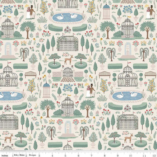Image of the Emma Highbury Cream quilting cotton fabric by Riley Blake Designs. Features a landscape on a cream background. Cute Little Fabric Shop