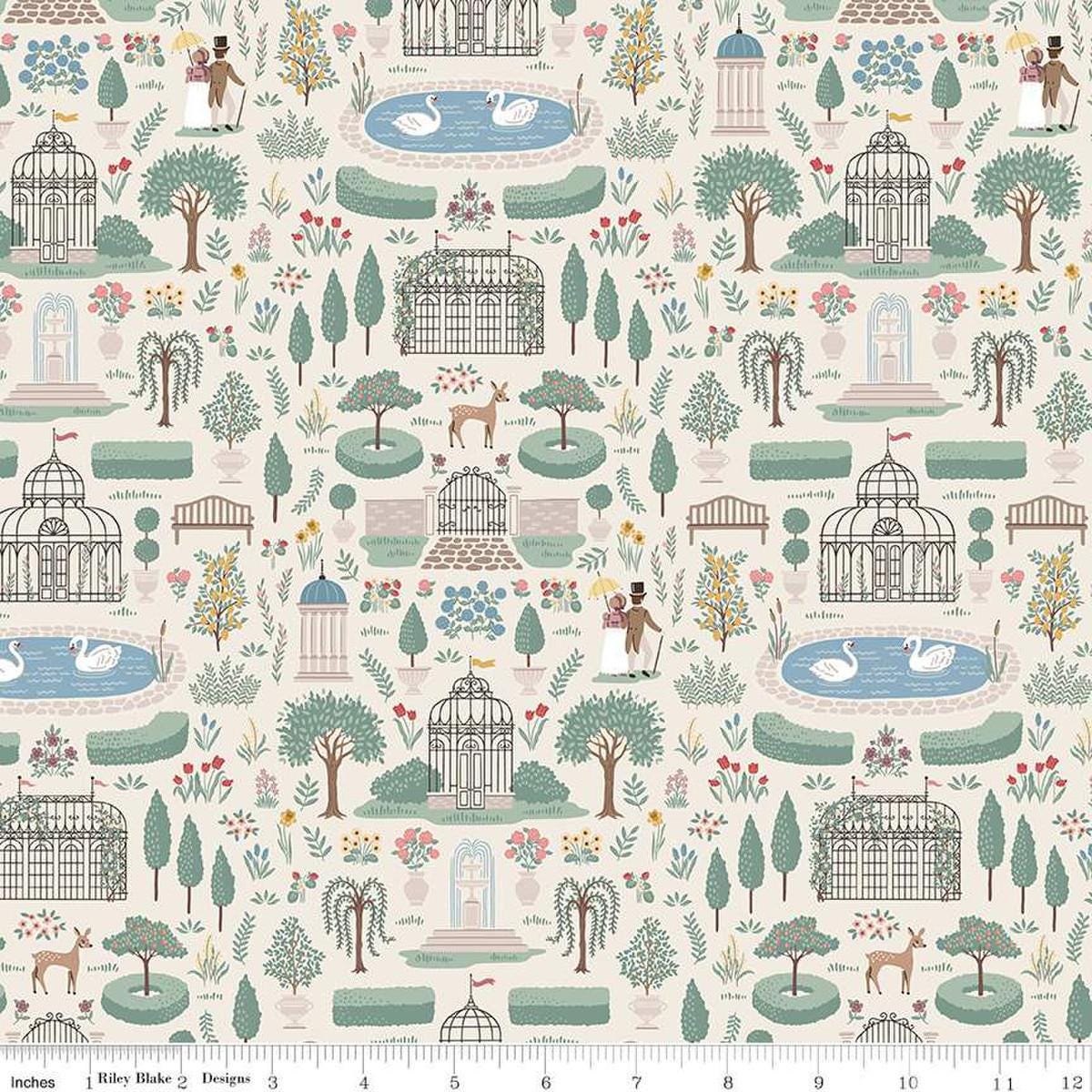 Image of the Emma Highbury Cream quilting cotton fabric by Riley Blake Designs. Features a landscape on a cream background. Cute Little Fabric Shop