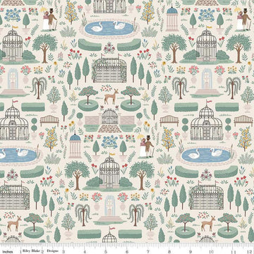 Image of the Emma Highbury Cream quilting cotton fabric by Riley Blake Designs. Features a landscape on a cream background. Cute Little Fabric Shop