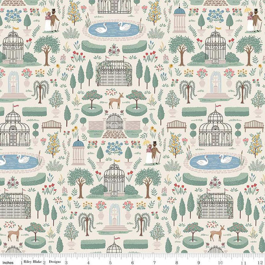 Image of the Emma Highbury Cream quilting cotton fabric by Riley Blake Designs. Features a landscape on a cream background. Cute Little Fabric Shop