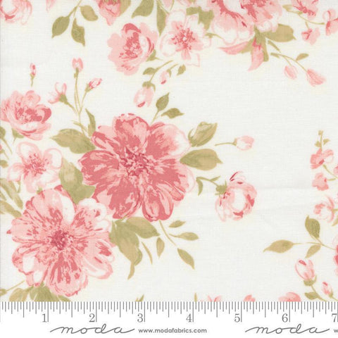 Image of the Muse Rose Porcelain quilting cotton fabric by Moda Fabrics. Features flowers on a cream background. Cute Little Fabric Shop