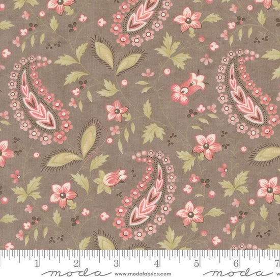 Image of the Muse Vine Slate quilting cotton fabric by Moda Fabrics. Features flowers on a brown background. Cute Little Fabric Shop