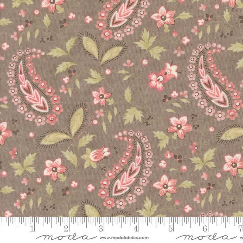 Image of the Muse Vine Slate quilting cotton fabric by Moda Fabrics. Features flowers on a brown background. Cute Little Fabric Shop