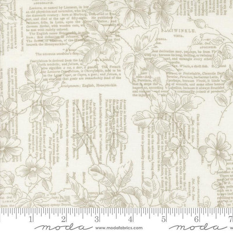 Image of the Muse Text Porcelain quilting cotton fabric by Moda Fabrics. Features text on a cream background. Cute Little Fabric Shop