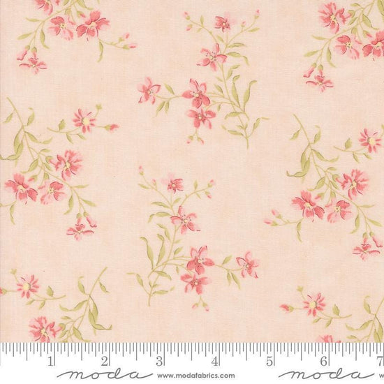 Image of the Muse Flower Blush quilting cotton fabric by Moda Fabrics. Features flowers on a pink background. Cute Little Fabric Shop
