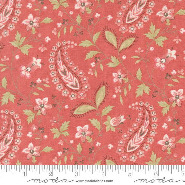 Image of the Muse Vine Scarlet quilting cotton fabric by Moda Fabrics. Features flowers on a red background. Cute Little Fabric Shop
