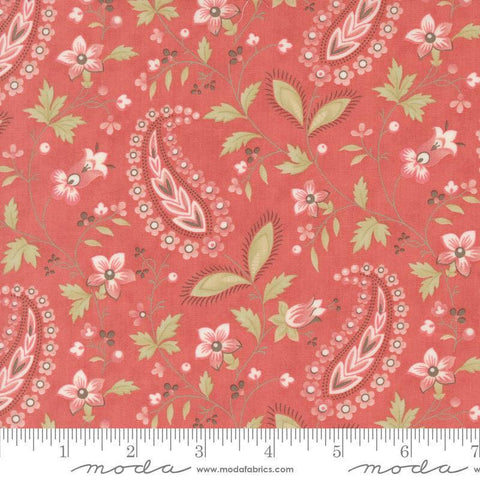 Image of the Muse Vine Scarlet quilting cotton fabric by Moda Fabrics. Features flowers on a red background. Cute Little Fabric Shop