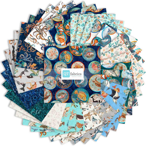 Deep Sea Dazzle Layer Cake 10" Stacker Bundle - QT Fabrics - 42 piece Precut Pre cut - Sea Life Animals Fish - Quilting Cotton Fabric