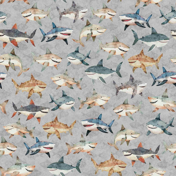 Image of the Deep Sea Dazzle Shark Toss Gray quilting cotton fabric by QT Fabrics. Features shark on a gray background. Cute Little Fabric Shop