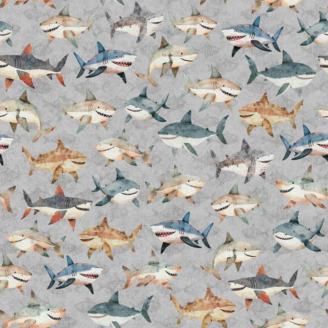 Image of the Deep Sea Dazzle Shark Toss Gray quilting cotton fabric by QT Fabrics. Features shark on a gray background. Cute Little Fabric Shop