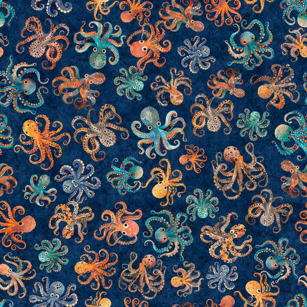 Image of the Deep Sea Dazzle Octopus Navy quilting cotton fabric by QT Fabrics. Features ocean animals on a blue background. Cute Little Fabric Shop
