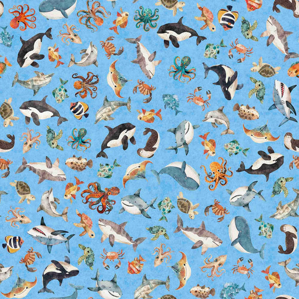 Image of the Deep Sea Dazzle Sea Creatures  Blue quilting cotton fabric by QT Fabrics. Features ocean animals on a blue background. Cute Little Fabric Shop