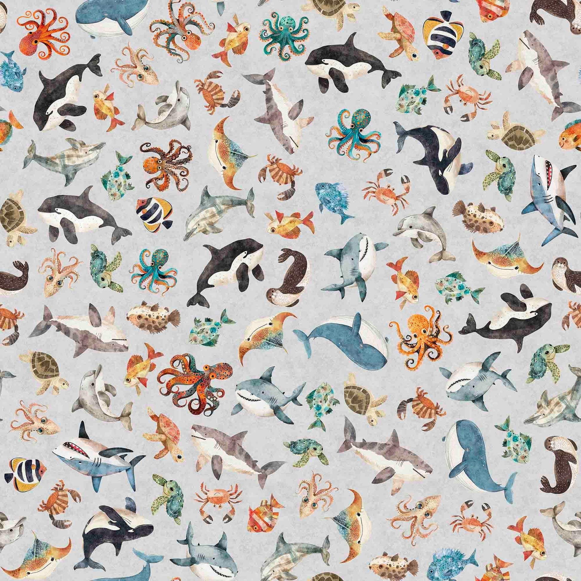 Image of the Deep Sea Dazzle Sea Creatures Gray quilting cotton fabric by QT Fabrics. Features ocean waves on a gray background. Cute Little Fabric Shop