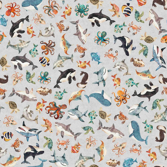 Image of the Deep Sea Dazzle Sea Creatures Gray quilting cotton fabric by QT Fabrics. Features ocean waves on a gray background. Cute Little Fabric Shop