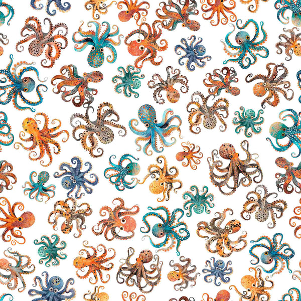 Image of the Deep Sea Dazzle Octopus White quilting cotton fabric by QT Fabrics. Features ocean animals on a white background. Cute Little Fabric Shop