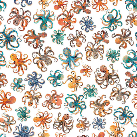 Image of the Deep Sea Dazzle Octopus White quilting cotton fabric by QT Fabrics. Features ocean animals on a white background. Cute Little Fabric Shop