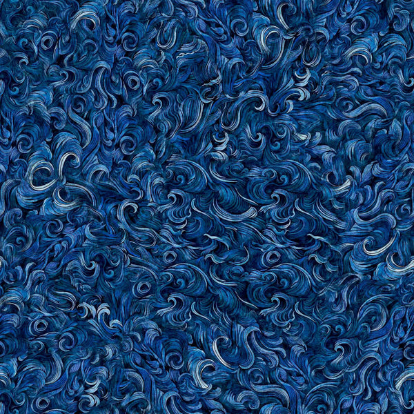 Image of the Deep Sea Dazzle Waves Texture Navy quilting cotton fabric by QT Fabrics. Features ocean animals on a blue background. Cute Little Fabric Shop