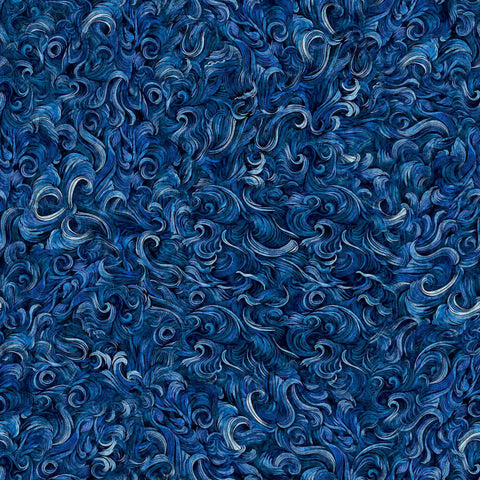 Image of the Deep Sea Dazzle Waves Texture Navy quilting cotton fabric by QT Fabrics. Features ocean animals on a blue background. Cute Little Fabric Shop