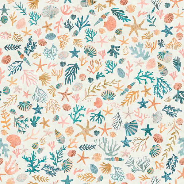 Image of the Deep Sea Dazzle Coral Multi quilting cotton fabric by QT Fabrics. Features ocean animals on a beige background. Cute Little Fabric Shop