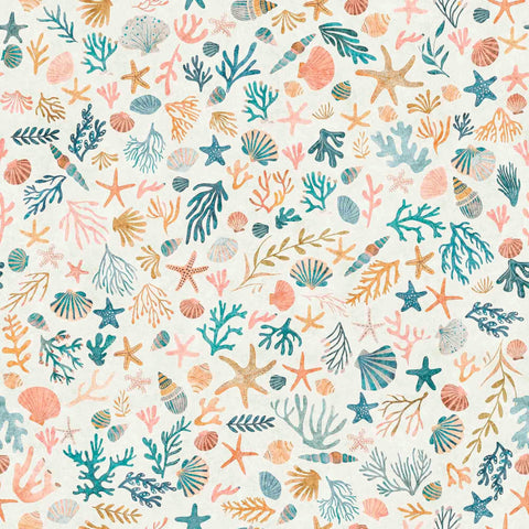 Image of the Deep Sea Dazzle Coral Multi quilting cotton fabric by QT Fabrics. Features ocean animals on a beige background. Cute Little Fabric Shop