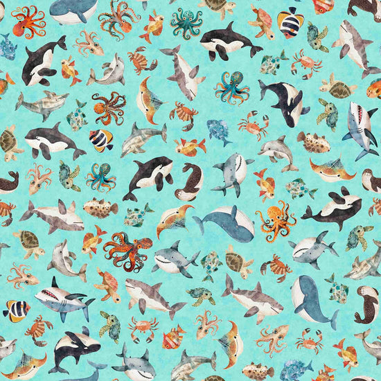 Image of the Deep Sea Dazzle Sea Creatures Aqua quilting cotton fabric by QT Fabrics. Features ocean animals on a blue background. Cute Little Fabric Shop