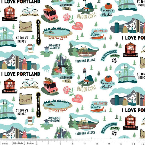 Oregon Main Aqua C7580 White - Riley Blake Designs - Willamette River Bridges Food Trucks The Rose City - Quilting Cotton Fabric