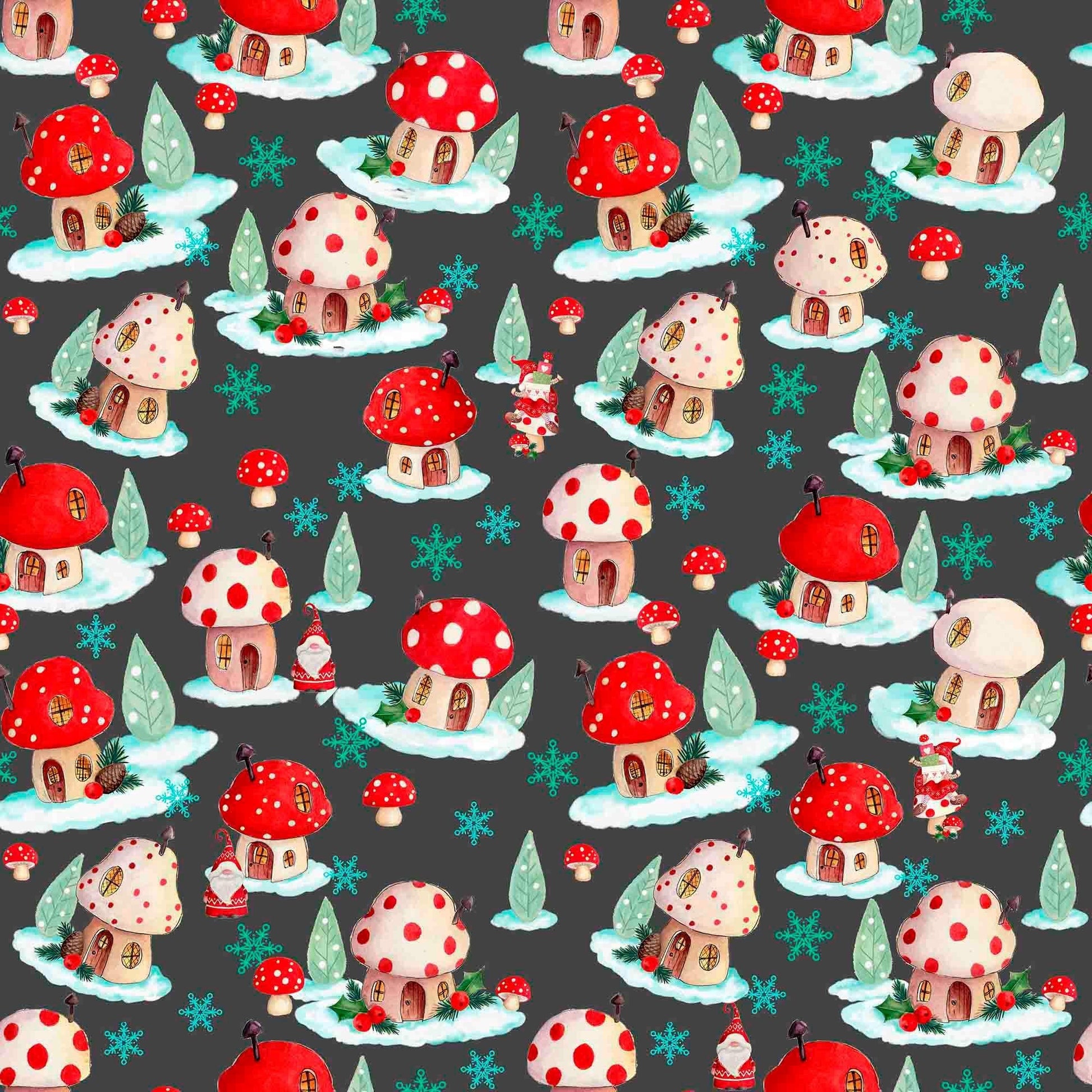 Image of the Gnome for the Holidays Mushroom Houses Toss quilting cotton fabric by QT Fabrics. Features mushrooms on a gray background. Cute Little Fabric Shop