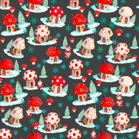 Image of the Gnome for the Holidays Mushroom Houses Toss quilting cotton fabric by QT Fabrics. Features mushrooms on a gray background. Cute Little Fabric Shop