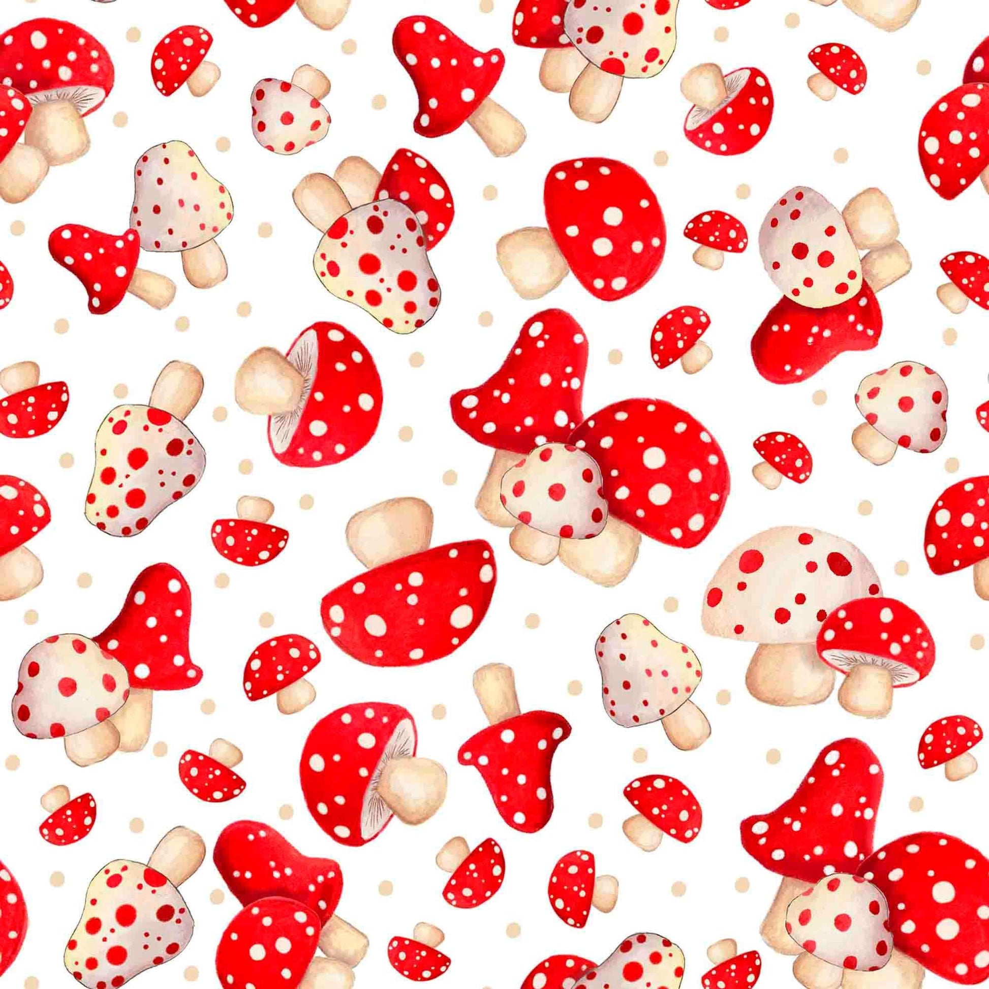 Image of the Gnome for the Holidays Mushroom Toss White quilting cotton fabric by QT Fabrics. Features Christmas mushrooms on a white background. Cute Little Fabric Shop