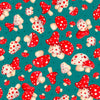 Image of the Gnome for the Holidays Mushroom Toss Aqua quilting cotton fabric by QT Fabrics. Features Christmas mushrooms on a blue background. Cute Little Fabric Shop