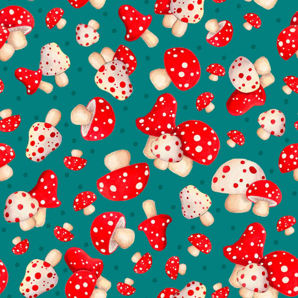 Image of the Gnome for the Holidays Mushroom Toss Aqua quilting cotton fabric by QT Fabrics. Features Christmas mushrooms on a blue background. Cute Little Fabric Shop