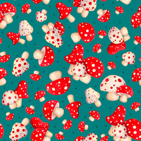 Image of the Gnome for the Holidays Mushroom Toss Aqua quilting cotton fabric by QT Fabrics. Features Christmas mushrooms on a blue background. Cute Little Fabric Shop