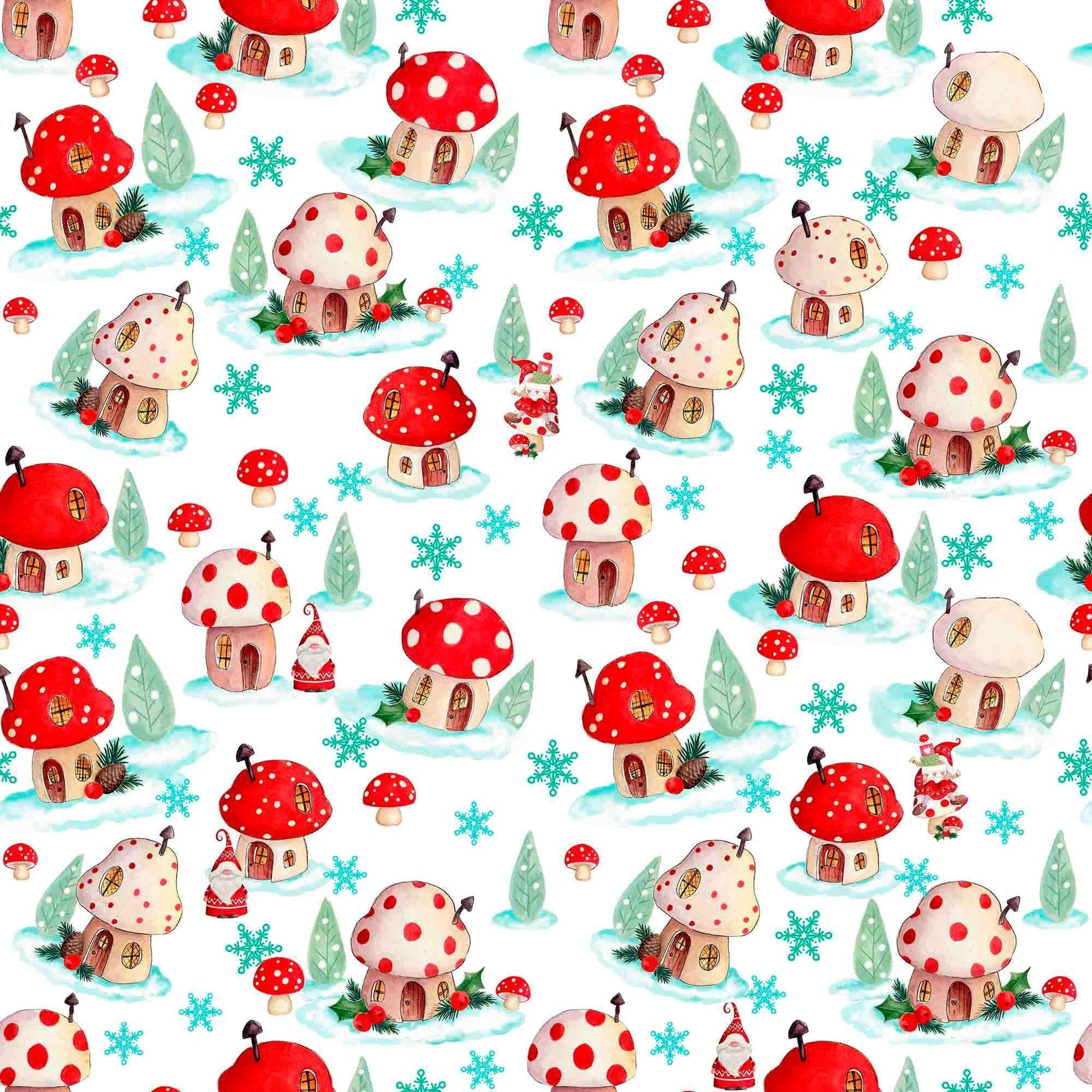 Image of the Gnome for the Holidays Mushroom Houses White quilting cotton fabric by QT Fabrics. Features mushrooms on a white background. Cute Little Fabric Shop