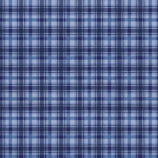 Image of the Season of Giving Plaid Denim quilting cotton fabric. Features plaid on a blue background. Cute Little Fabric Shop