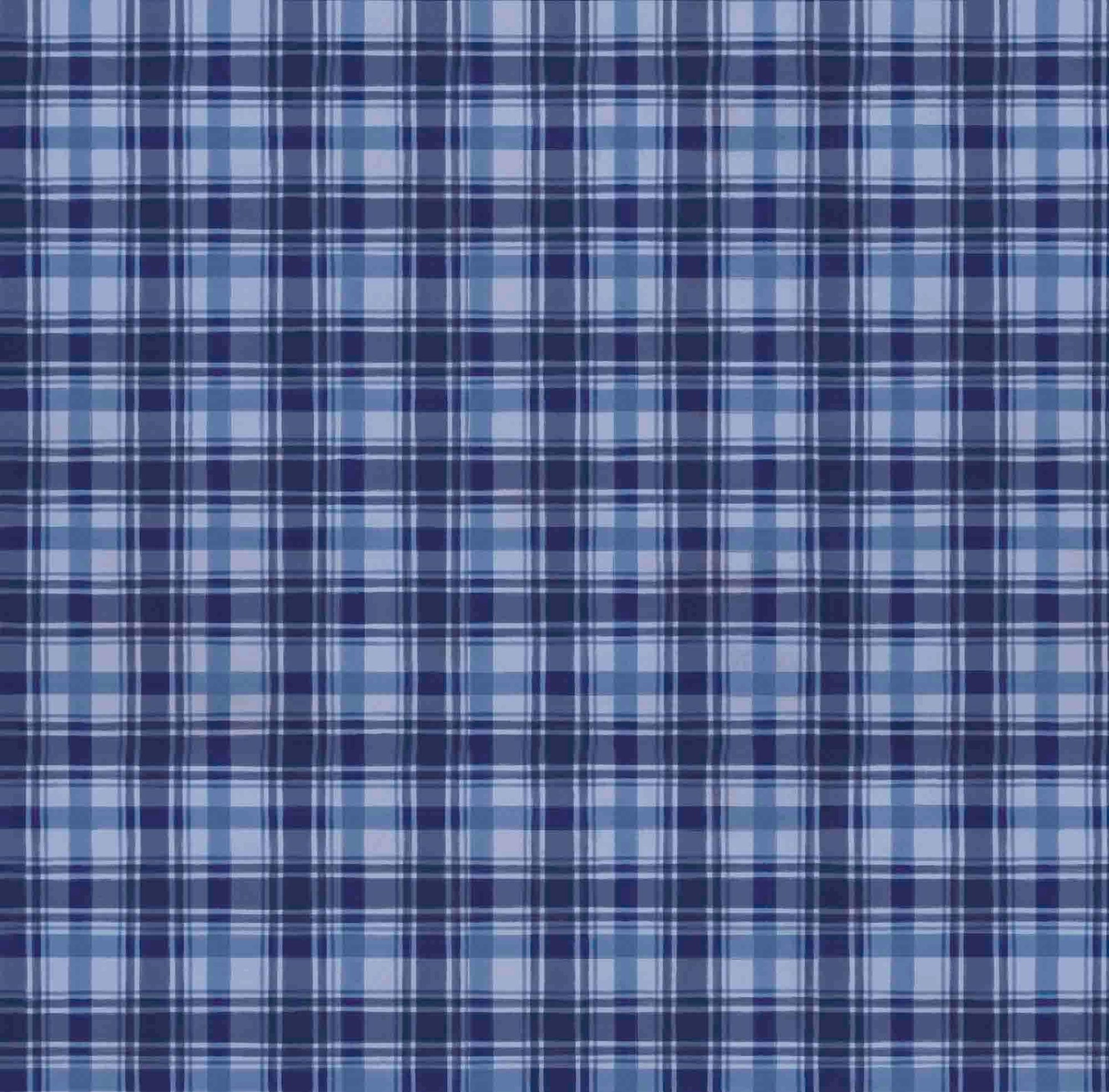 Image of the Season of Giving Plaid Denim quilting cotton fabric. Features plaid on a blue background. Cute Little Fabric Shop