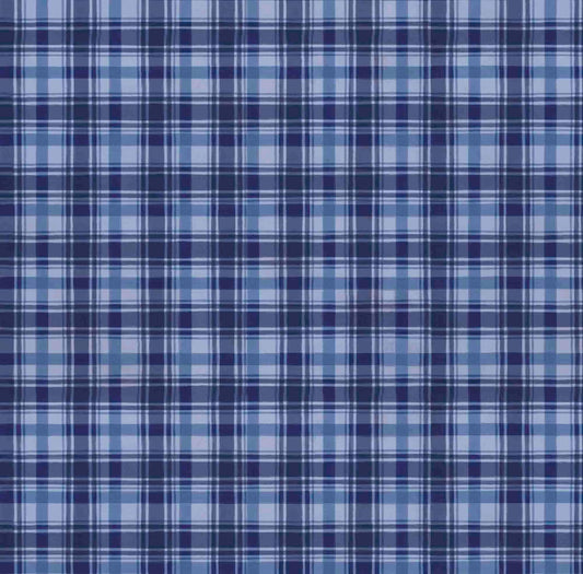 Image of the Season of Giving Plaid Denim quilting cotton fabric. Features plaid on a blue background. Cute Little Fabric Shop