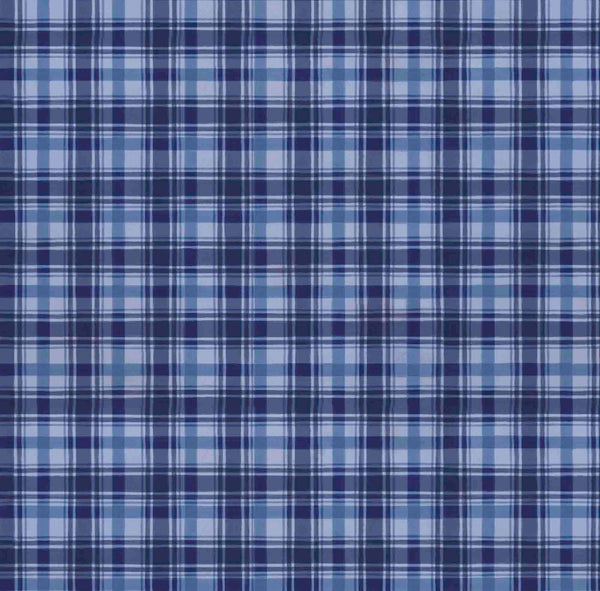 Image of the Season of Giving Plaid Denim quilting cotton fabric. Features plaid on a blue background. Cute Little Fabric Shop