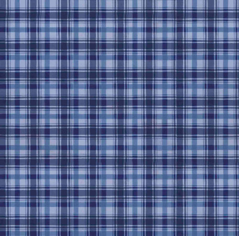Image of the Season of Giving Plaid Denim quilting cotton fabric. Features plaid on a blue background. Cute Little Fabric Shop