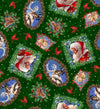 Image of the Season of Giving Santa & Animal Portrait Toss Evergreen quilting cotton fabric. Features animals on a green background. Cute Little Fabric Shop