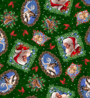 Image of the Season of Giving Santa & Animal Portrait Toss Evergreen quilting cotton fabric. Features animals on a green background. Cute Little Fabric Shop