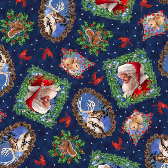 Image of the Season of Giving Santa & Animal Portrait Toss Navy quilting cotton fabric. Features animals on a blue background. Cute Little Fabric Shop