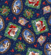 Image of the Season of Giving Santa & Animal Portrait Toss Navy quilting cotton fabric. Features animals on a blue background. Cute Little Fabric Shop