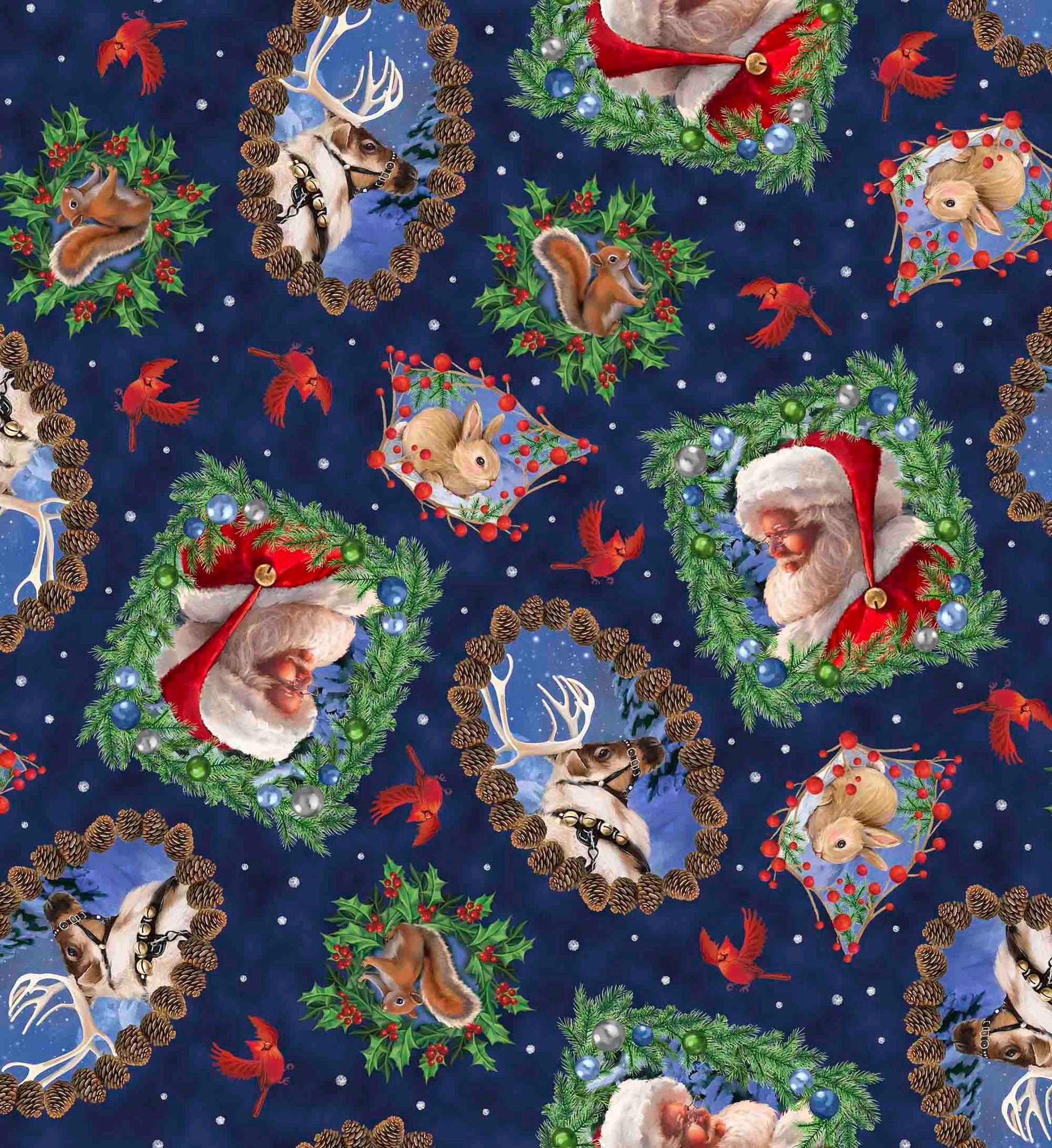 Image of the Season of Giving Santa & Animal Portrait Toss Navy quilting cotton fabric. Features animals on a blue background. Cute Little Fabric Shop