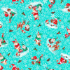 Image of the Minky Gnome for the Holidays Christmas Gnomes Toss Turquoise quilting cotton fabric. Features mushrooms on a blue background. Cute Little Fabric Shop
