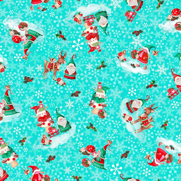 Image of the Minky Gnome for the Holidays Christmas Gnomes Toss Turquoise quilting cotton fabric. Features mushrooms on a blue background. Cute Little Fabric Shop
