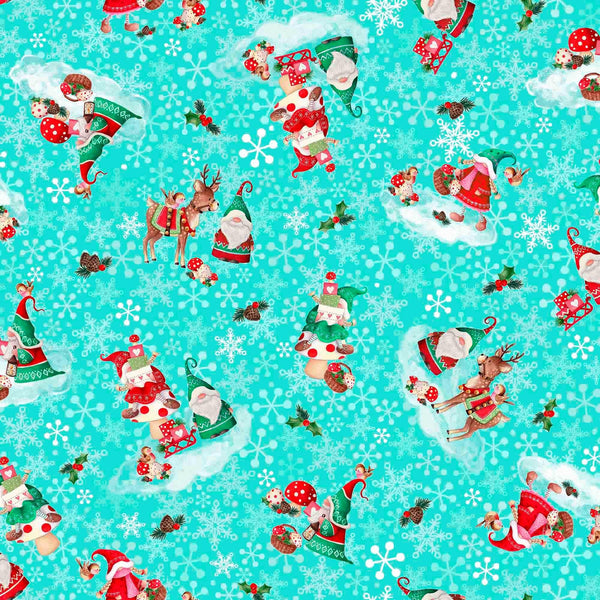 Image of the Minky Gnome for the Holidays Christmas Gnomes Toss Turquoise quilting cotton fabric. Features mushrooms on a blue background. Cute Little Fabric Shop