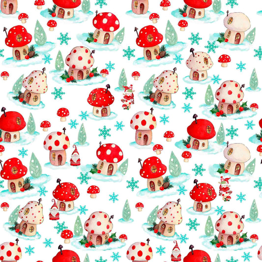 Image of the Minky Gnome for the Holidays Mushroom Houses Toss White quilting cotton fabric. Features mushrooms on a white background. Cute Little Fabric Shop