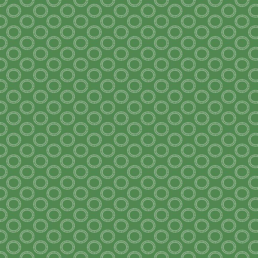 Image of the Thomas & Friends™ Sodor Railway Round the Track Green quilting cotton fabric by Riley Blake Designs. Features circular tracks on a green background. 
Cute Little Fabric Shop
