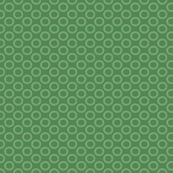 Image of the Thomas & Friends™ Sodor Railway Round the Track Green quilting cotton fabric by Riley Blake Designs. Features circular tracks on a green background. 
Cute Little Fabric Shop