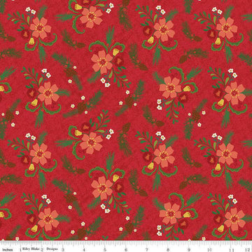Image of In From the Cold Main Red by Riley Blake Designs. Features a clustered floral pattern with pinecones, flowers, leaves, and sprigs of pine on a red background. 
Cute Little Fabric Shop